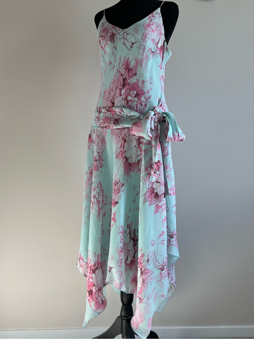 Sky Blue & Pastel Pink Floral Asymetric Vintage Slip Dress with Tie Waist